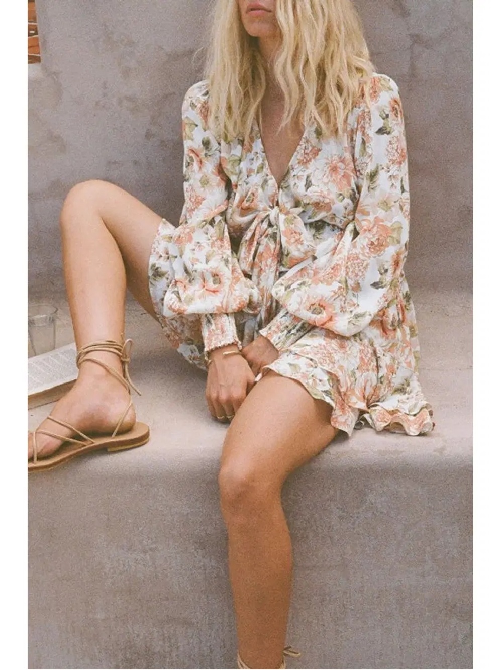 Anthropologie Kivari Everly Peach Floral Tie-Front Mini Dress 4 - Picture 4 of 11